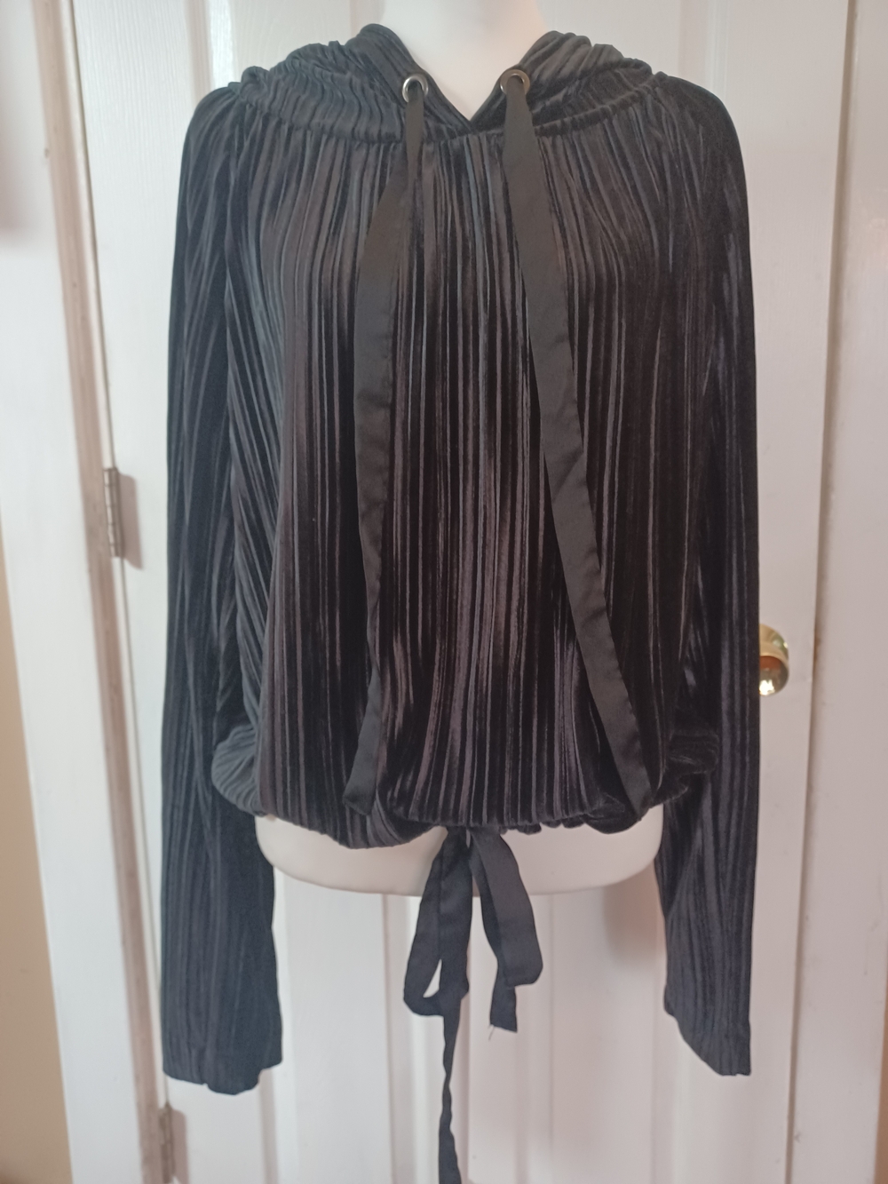 Rachel Roy Accordion Pleat Velvet Hooded Tie Waist Top Size XL Dark Academia